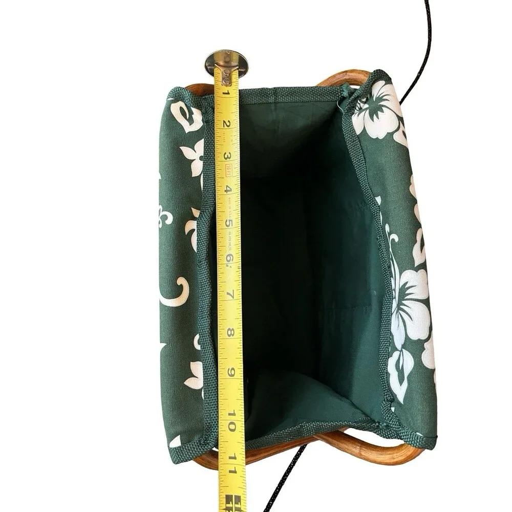 Vintage Folding Sewing Craft Organizer Basket Green Floral Wood Handle Storage
